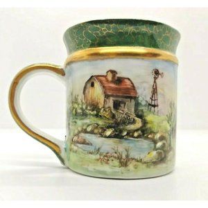 Cup PORCELAIN HAND PAINTED Country SCENE vintage one of a kind mug signed